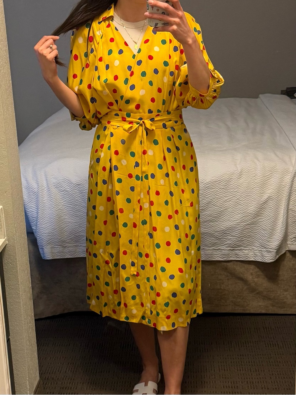 Vintage 80s Christian Dior Silk Yellow Polka Dot Dress with belt